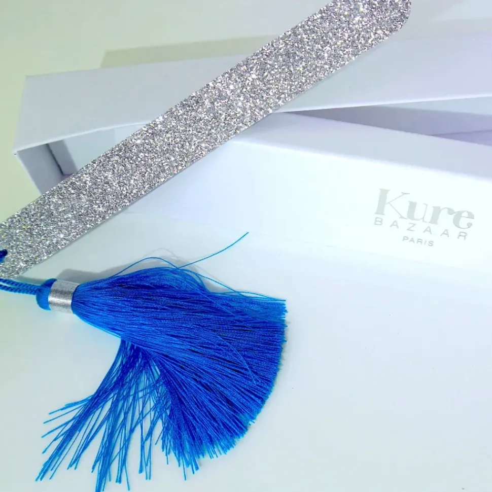 Glitzer Nagelfeile Silber mit blauem Pompon